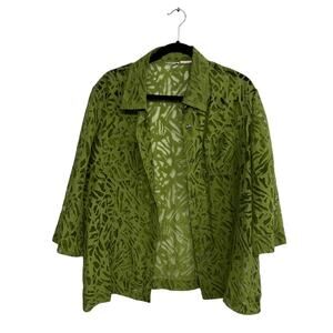 Green Sheer Cutout Button Up Top L Abstract Leaf Artsy Statement Layering Lagen
